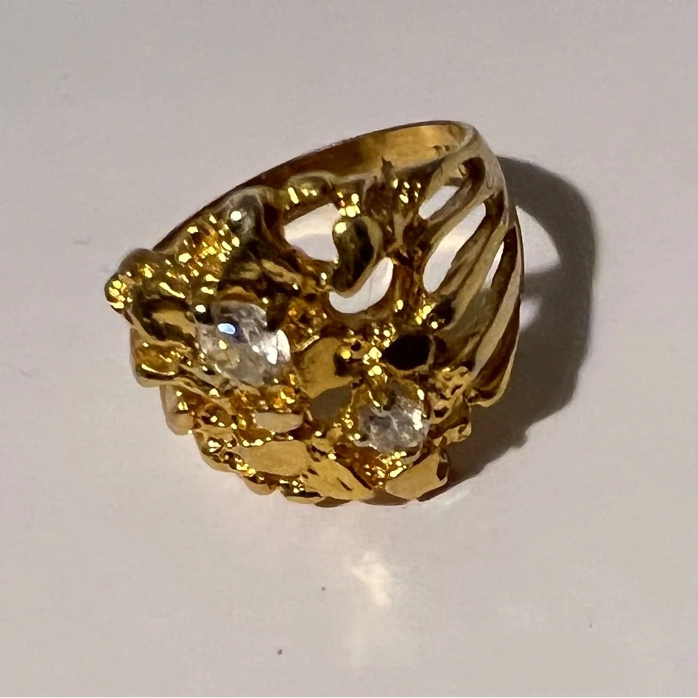 Vintage Men’s Gold Tone Nugget Cluster Ring with Clear Stone Accents - Size 11